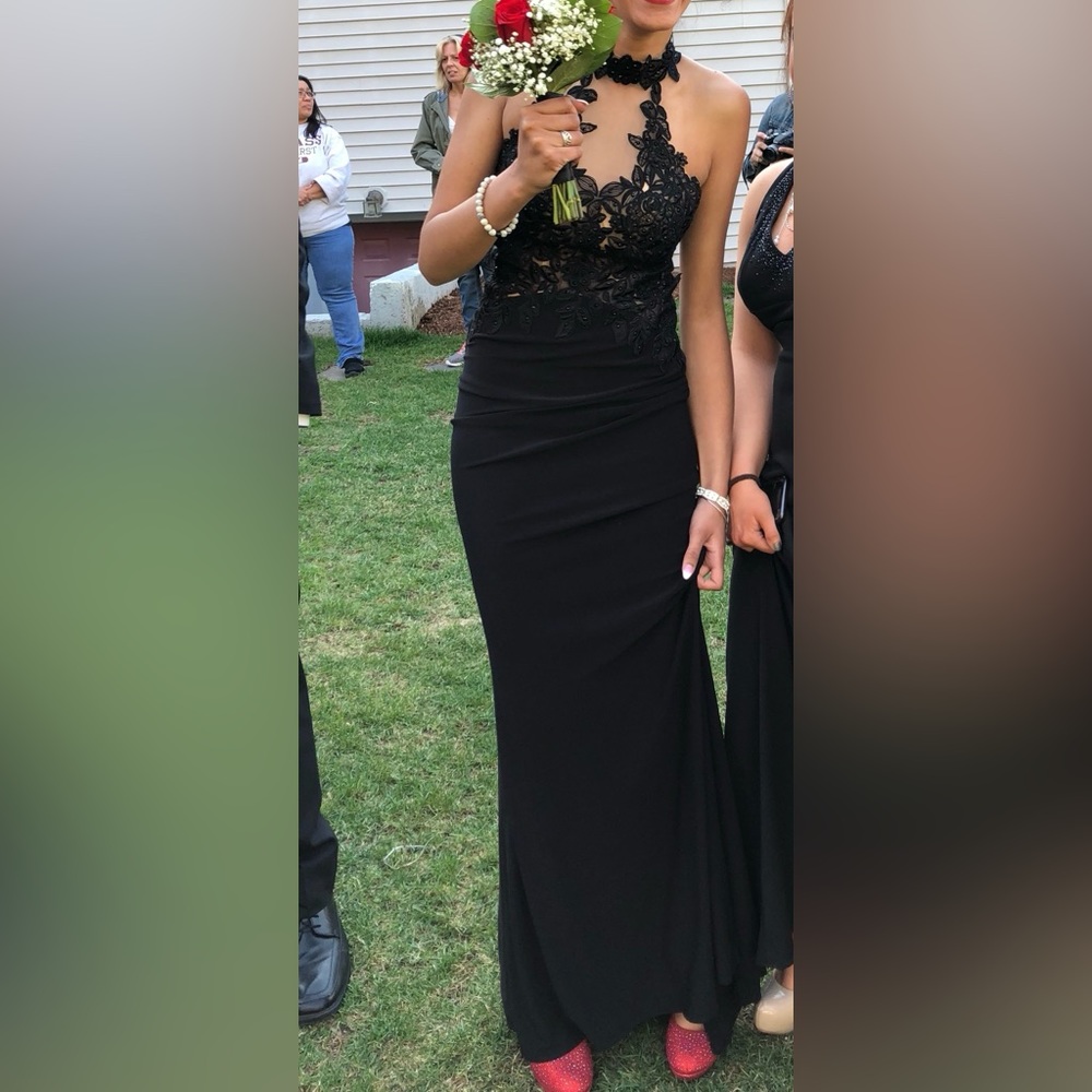 Black lace halter top prom dress with black crystal detailing
